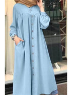 Long Sleeve Plus Size Women's Round Neck Pocket Commuter Casual Robe Shirt Dress