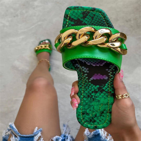 Fashion New Snake Print Leopard Print Open Toe Flat Sandals