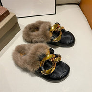 Metal Chain Lazy Slippers with Faux Fur