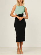 Cutout Panel Contrast Rib Knit Crew Neck Sleeveless Elegant Dress