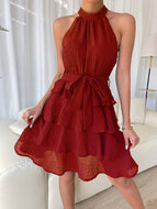 Hanging Neck Stitching Sleeveless Ruffled Waist and Tie Elegant Cake Dress