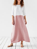 Cotton and Linen Stitching Dress Round Neck Three-quarter Sleeve Skirt