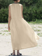 Cotton Linen Casual Pocket Solid Color Sleeveless Long Hem Dress