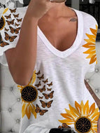 Sunflower Print Short-sleeved Round-neck T-shirt