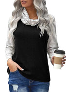 Women's spliced long sleeve pile neck top striped sleeve printed T-shirt