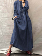 Cotton and Linen Embroidered Vintage Long Sleeve Maxi Dresses