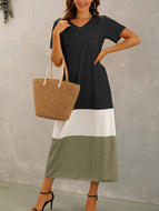 Summer New Style Stitching Contrast Color V-neck Short-sleeved Long Dress