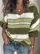 Winter New Solid Color Stitching Casual V-neck Striped Sweater