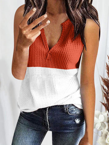 Colorblock Short-sleeved V-neck Waffle All-match Vest Top