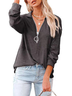 Casual solid loose zipper V-Neck long sleeve large loose pit stripe T-shirt