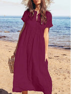 Holiday Style Solid Color Short-sleeved Large Skirt Dress