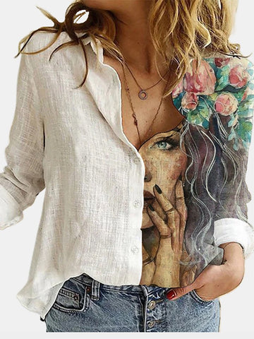 Cotton linen loose Loose Cartoon Retro Female Flow Digital Print Long Sleeve Shirt