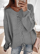 Women's Casual Fashion Loose V-neck Drawstring Sweater