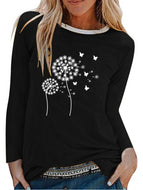 Spring and summer new dandelion printing women's long sleeve T-shirt round neck loose