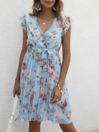 Summer V-neck Waist Floral Tie Waist Slim Dress