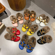 Metal Chain Lazy Slippers with Faux Fur