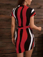 Women Stand Collar Short Sleeve Lace-Up Slim Fit Striped Dress