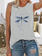 Casual Dragonfly Print Crew Neck Sleeveless Top