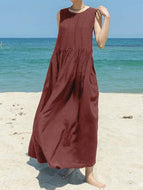 Cotton Linen Casual Pocket Solid Color Sleeveless Long Hem Dress