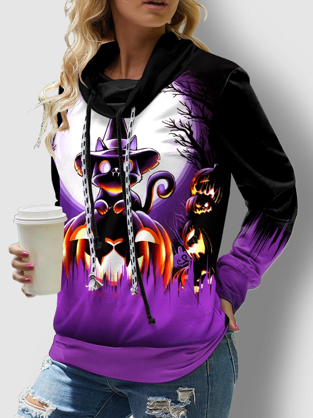 Halloween Print Drawstring Detail Long Sleeve Sweatshirt