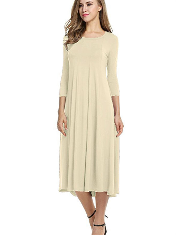 Women Comfortable Loose Round Neck Mid Sleeve Solid Color Swing Midi Dresses