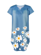 Flower Print Round Neck Denim Dress