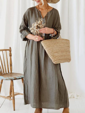 Solid Color V-neck Loose Long Sleeve Casual Dress