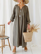 Solid Color V-neck Loose Long Sleeve Casual Dress