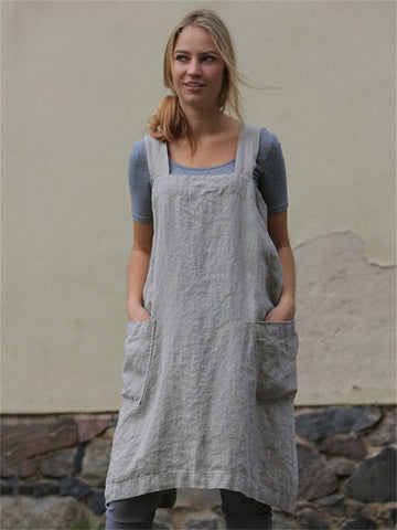 Women's Cotton Linen Apron Long Girth Loungewear Loose Long Dress