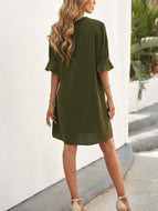 Summer New Chiffon Dress Amazon Loose Middle Sleeve Solid Color V Neck and Knee Skirt