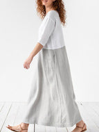 Cotton and Linen Stitching Dress Round Neck Three-quarter Sleeve Skirt