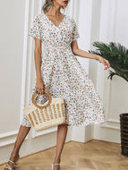 Summer V-neck Short-sleeved Small Floral Waist Slim Temperament Dress