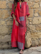 Patchwork Contrast Checkered V-Neck Loose Oversized Long Cotton Linen Dress