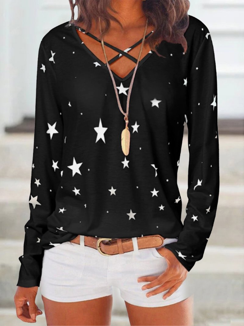 Star Print V-neck Top