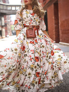 Ladies Chiffon Print Maxi Dress Bohemian Resort Dress Fashion Big Swing Long Robes