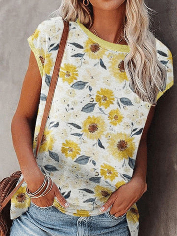 Casual Sunflower Print Short Sleeve Top