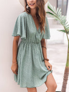 Woman New V Neck Batwing Bohemia Vacation Retro Green Polka Dots Leisure Midi Dress