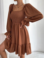 Square Neck Long Sleeve Ruffled High Waist Dress