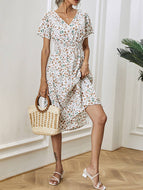 Summer V-neck Short-sleeved Small Floral Waist Slim Temperament Dress