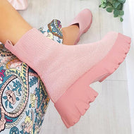 Women Chunky Sole Ankle Chelsea Sock Biker Boots