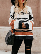 Autumn/Winter New Striped Stitching Loose Round Neck Sweater