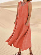 New Popular Sleeveless Solid Color Women's Cotton and Linen Dress