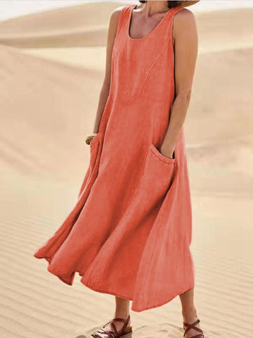 New Popular Sleeveless Solid Color Women's Cotton and Linen Dress