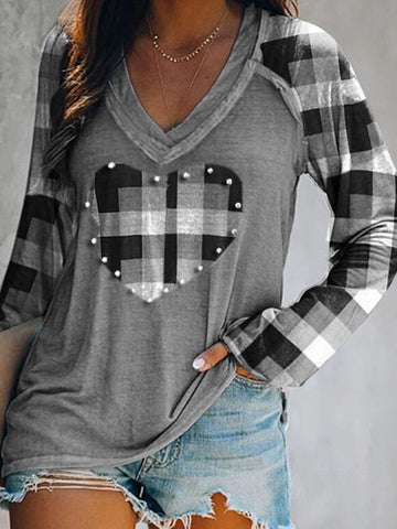 Women's Plaid Heart Long Sleeve Tops