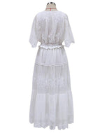 White V-Neck Short Sleeve Lace Dress Big Swing Patchwork Long Dresses For Women