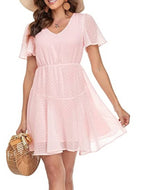 Vintage Polka Dot A-line Dress V-Neck Frill Sleeves Waist Casual Loose Pleated Dress