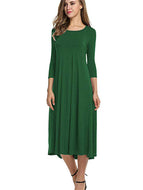 Women Comfortable Loose Round Neck Mid Sleeve Solid Color Swing Midi Dresses