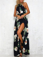 Sleeveless Hollow Backless Vintage Flower Dress Double Layer Opaque Long Maxi Skirt