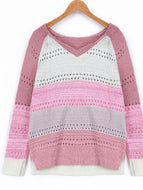 Autumn/Winter New Color Matching Hollow Loose V-neck Sweater