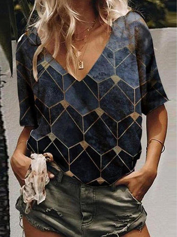 Geometric Print V-neck Short Sleeve Top